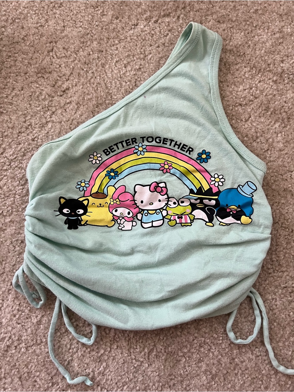 One-Shoulder Mint Green 'Better Together' Hello Kitty Graphic Tank